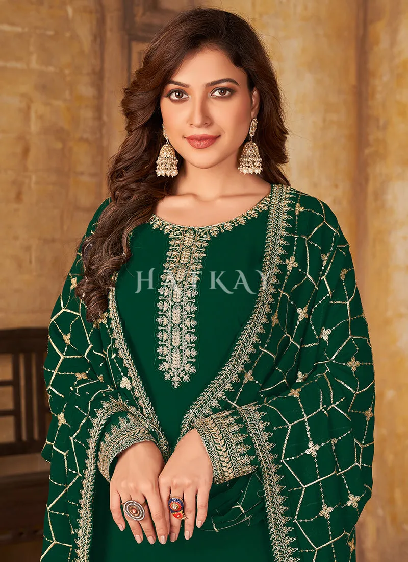 Green Traditional Embroidered Pant Style Salwar Suit