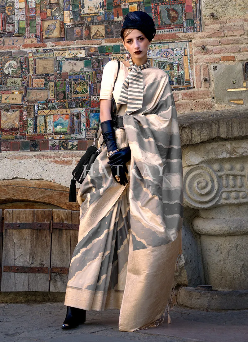 Grey Beige Printed Silk Saree