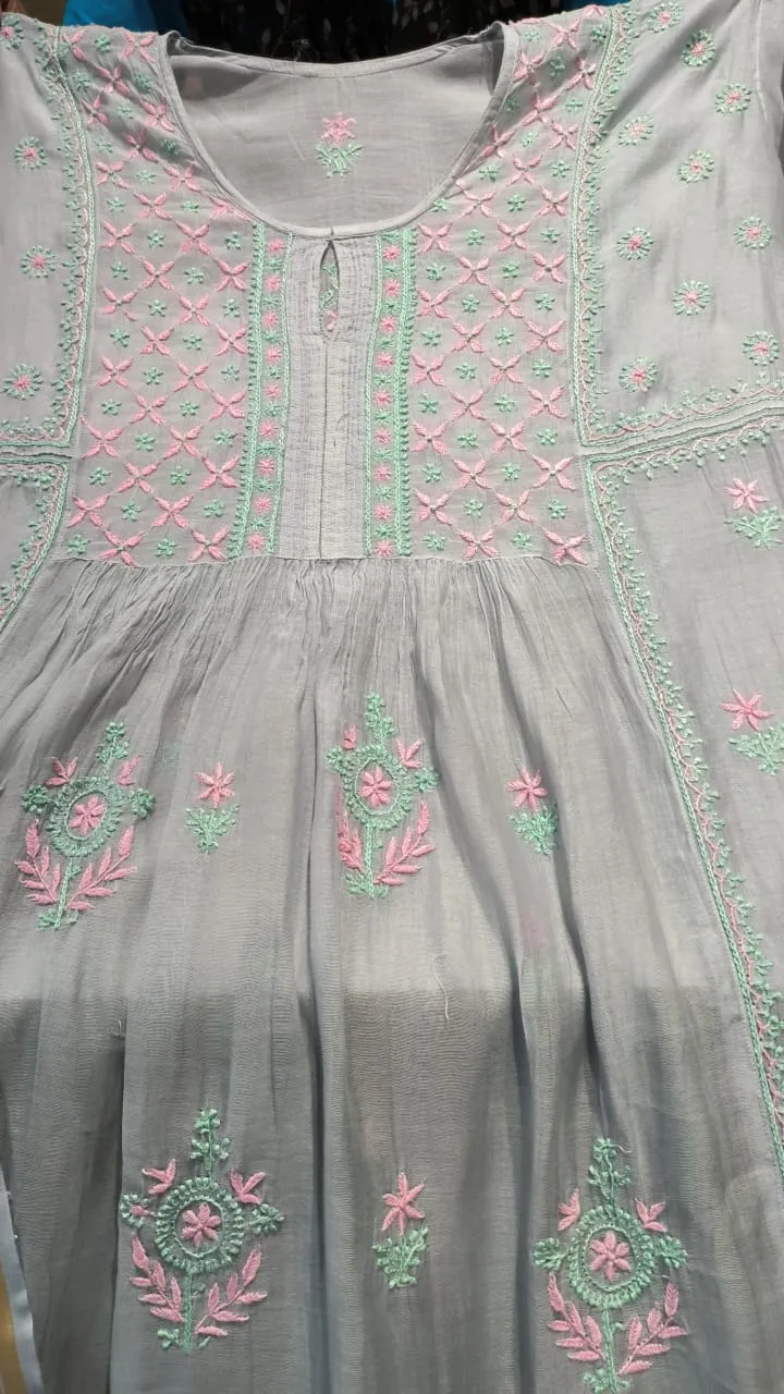 Grey Chanderi Chikankari Semi Stitched Salwar Suit