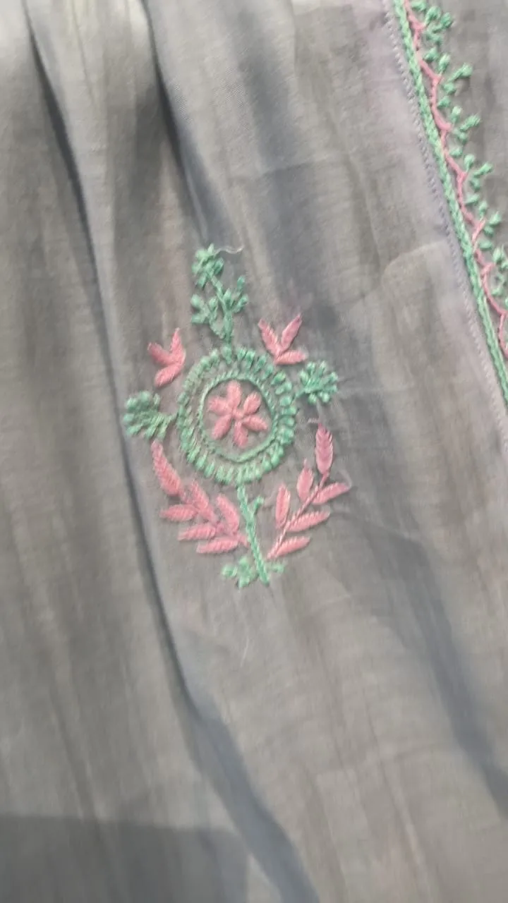 Grey Chanderi Chikankari Semi Stitched Salwar Suit
