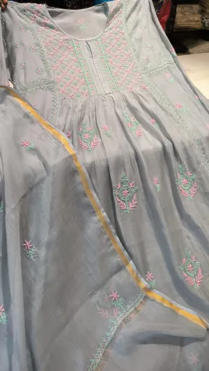 Grey Chanderi Chikankari Semi Stitched Salwar Suit