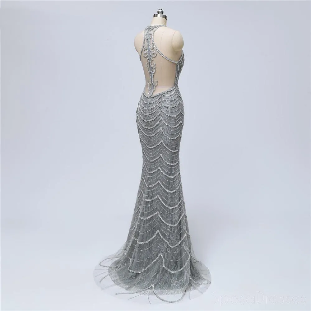 Grey Lace Heavily Beaded Mermaid Long Evening Prom Dresses, Luxurious Sweet 16 Dresses, 18347