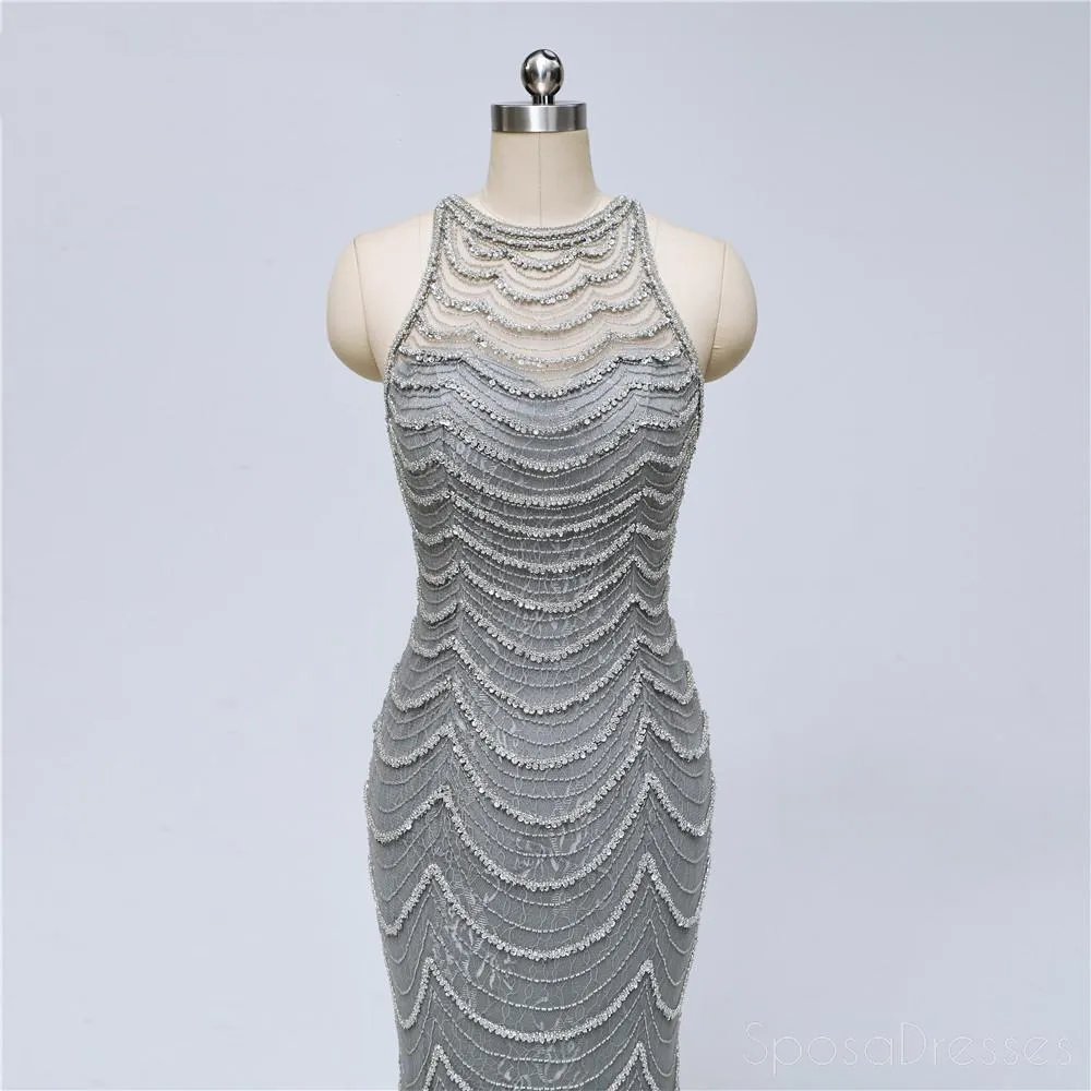 Grey Lace Heavily Beaded Mermaid Long Evening Prom Dresses, Luxurious Sweet 16 Dresses, 18347