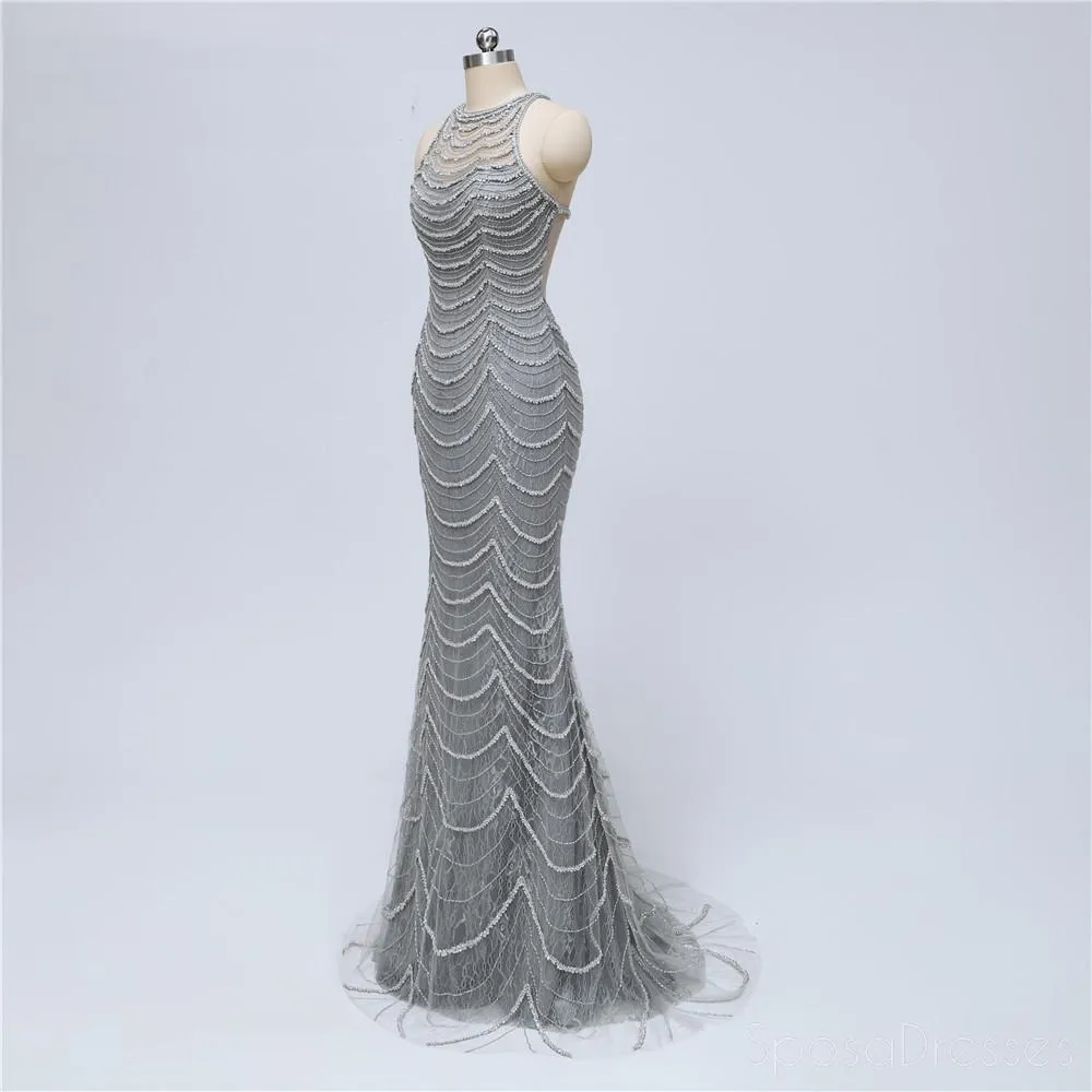 Grey Lace Heavily Beaded Mermaid Long Evening Prom Dresses, Luxurious Sweet 16 Dresses, 18347