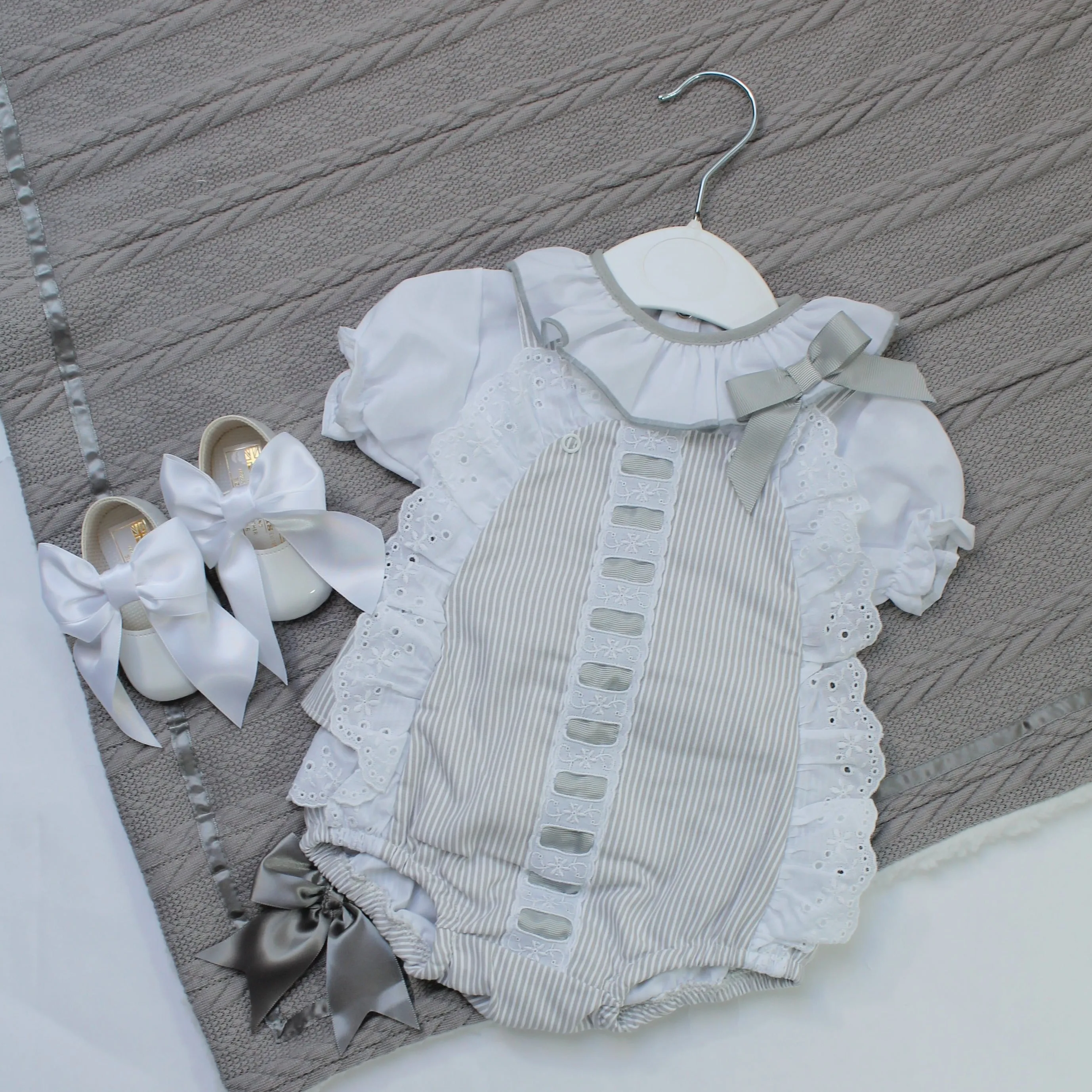 Grey Striped Romper & Frill Collar Shirt