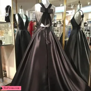 Grey V-Neck Mikado Ball Gown Prom Dress with Bow Back