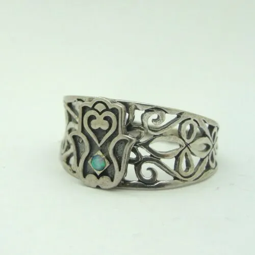 Hadar Designers Blue Opal Hamsa filigree 925 Silver Ring sz 7.5 Handmade ( )LAST