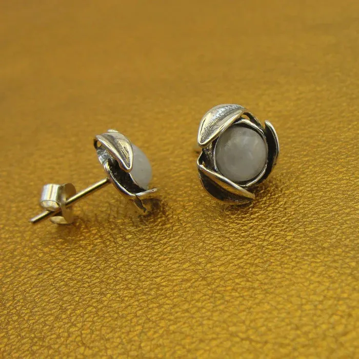 Hadar Designers Stud Earrings Floral Handmade Sterling Silver Green cz Stone (gr