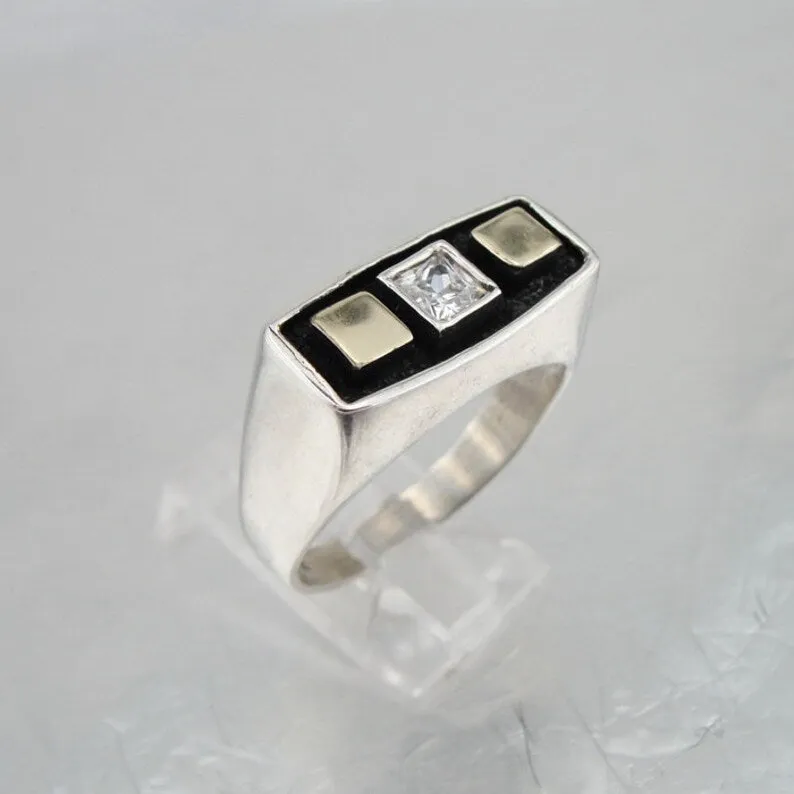 Hadar Designers Zircon Ring 9k Yellow Gold 925 Silver 6,7,8,9 Handmade (S 2648)
