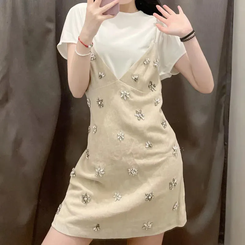 Handmade Diamond-Studded Suspender Dress