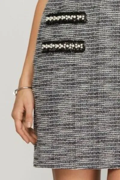 Hazel Blues® | She   Sky Short Sleeve Pearl Studded Trim Knit Tweed Dress