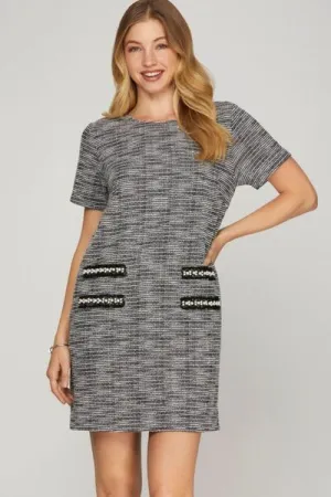 Hazel Blues® | She   Sky Short Sleeve Pearl Studded Trim Knit Tweed Dress