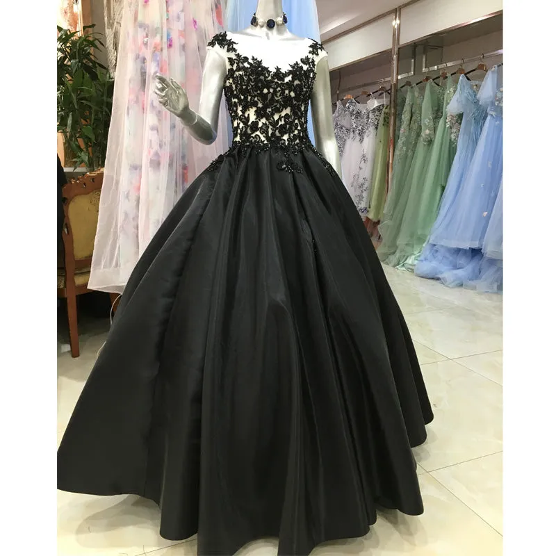 High Quality Satin with Lace Applique Round Neckline Formal Gown, Black Party Dresses Prom Dress