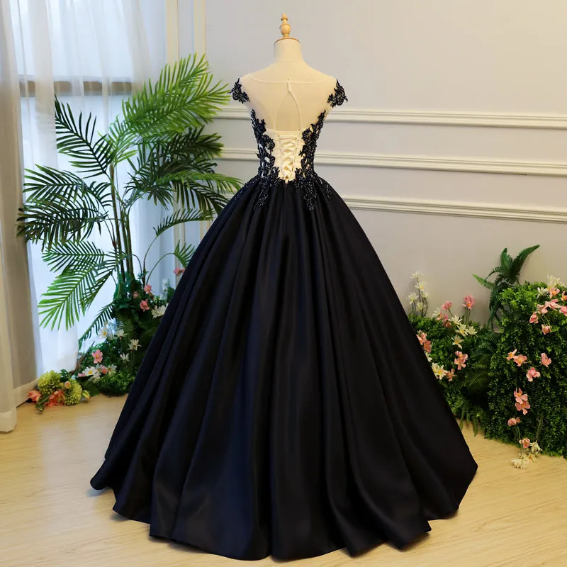 High Quality Satin with Lace Applique Round Neckline Formal Gown, Black Party Dresses Prom Dress