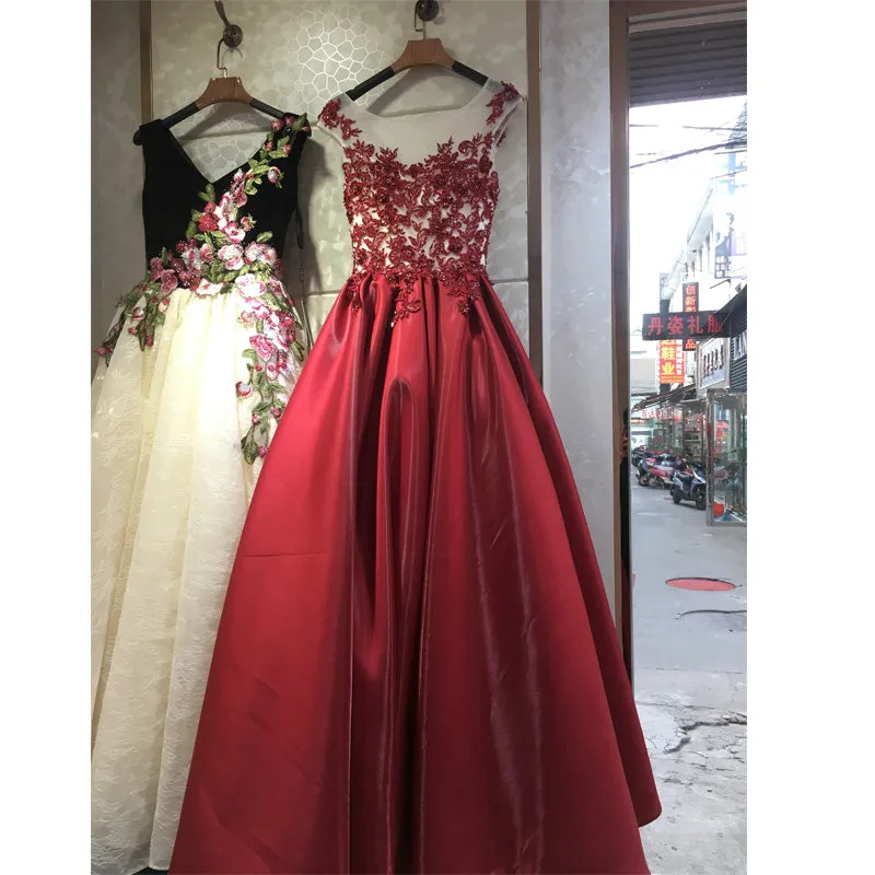 High Quality Satin with Lace Applique Round Neckline Formal Gown, Black Party Dresses Prom Dress