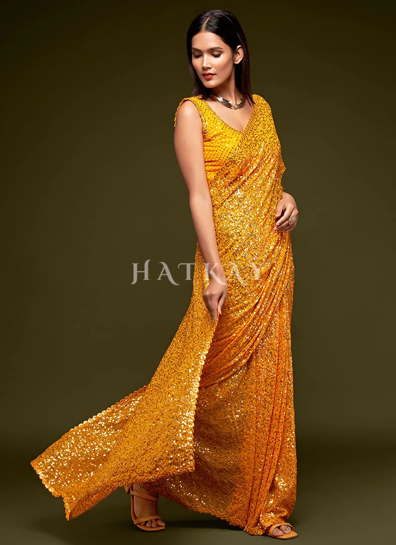 Honey Yellow Sequins Embroidery Georgette Saree