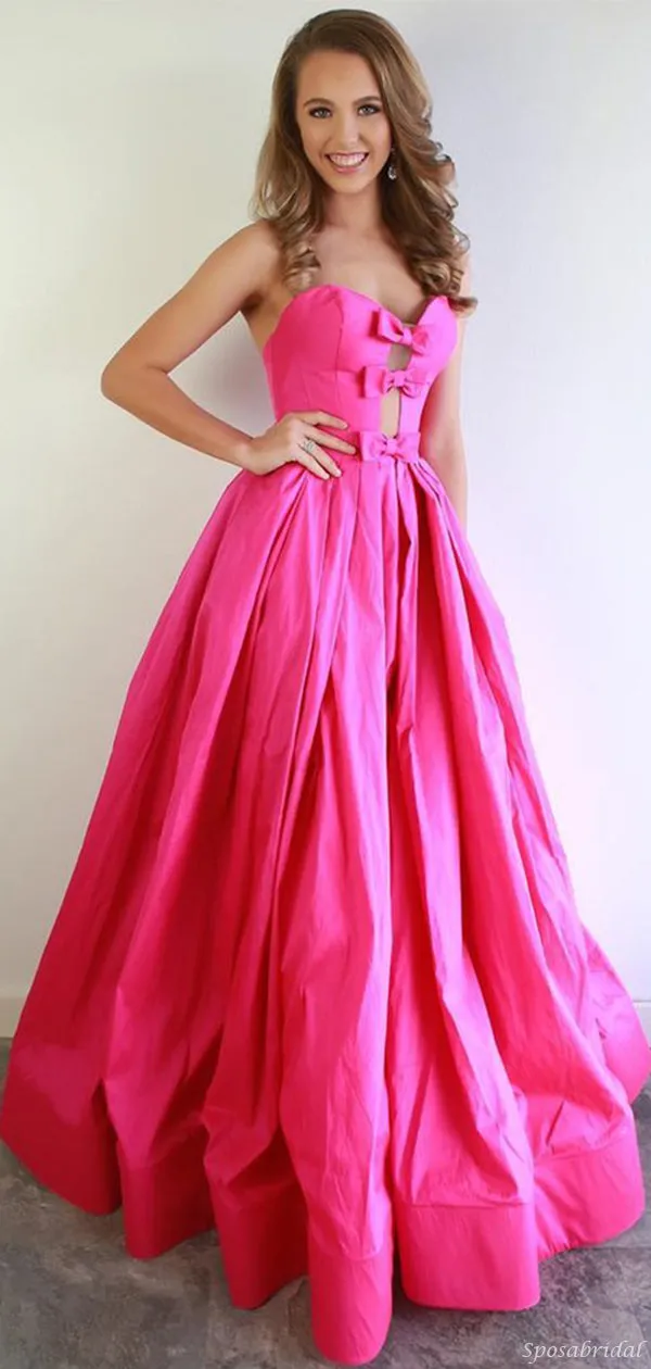 Hot Pink Strapless Sweetheart With Cute Bow Ties A-line Long Prom Dress, PD3256