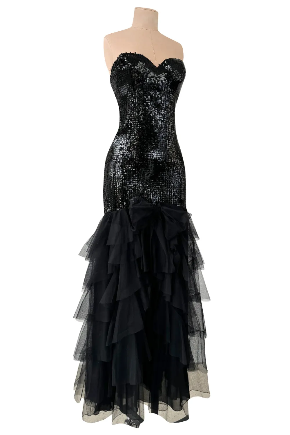 Incredible 1976-1978 Loris Azzaro Strapless Glossy Black Sequin Dress wLayered Net Tulle Skirt
