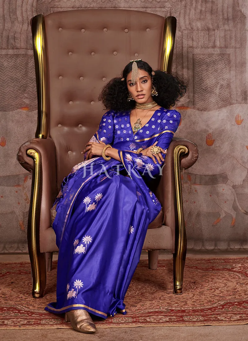 Indigo Blue Golden Handloom Silk Saree