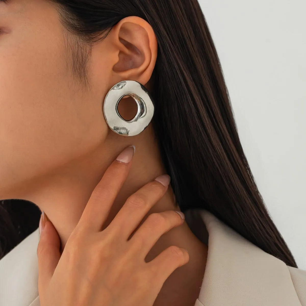 Irregular Gold Silver Tone Chunky Hoop Stud Earrings
