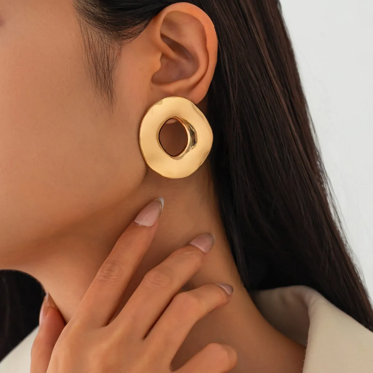 Irregular Gold Silver Tone Chunky Hoop Stud Earrings