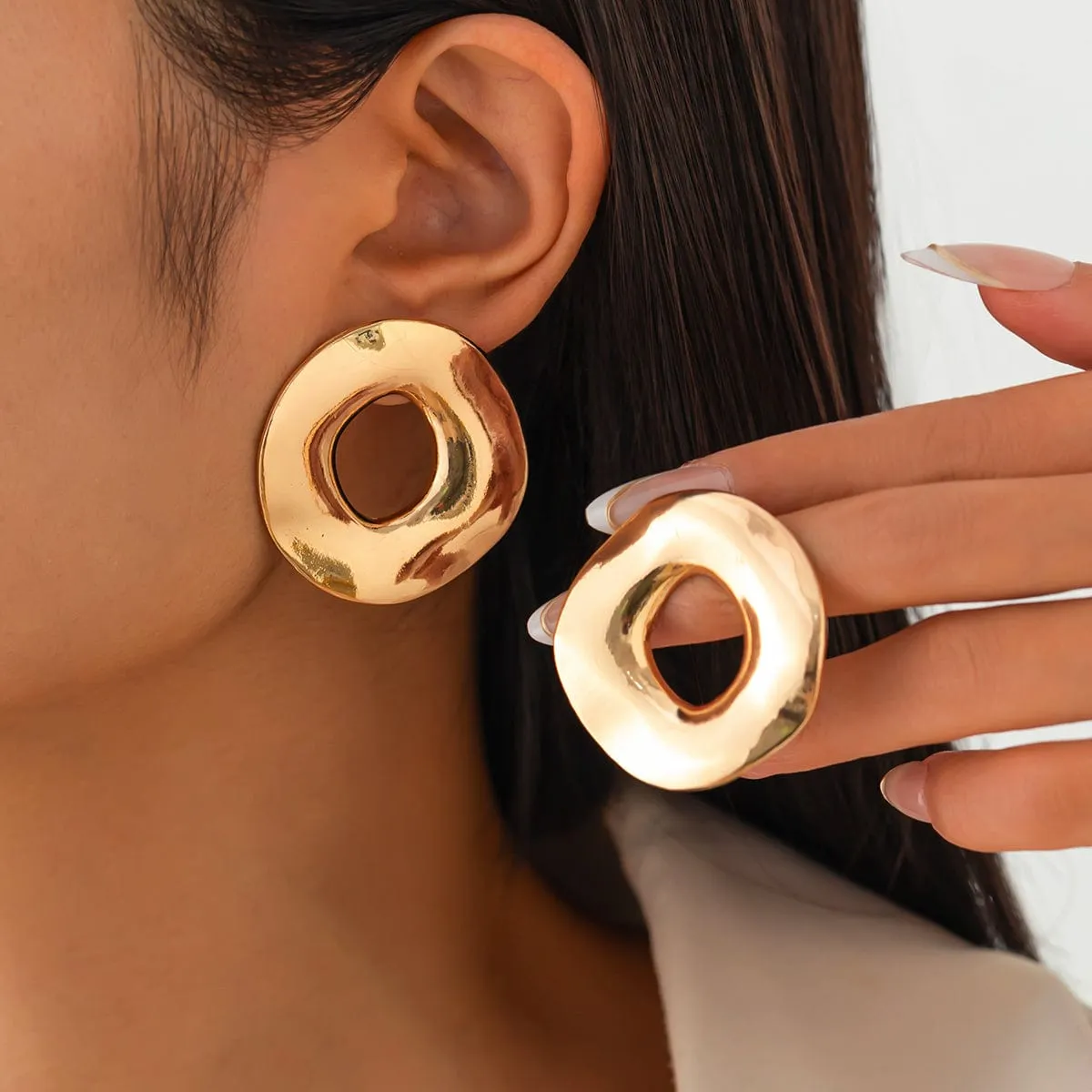 Irregular Gold Silver Tone Chunky Hoop Stud Earrings