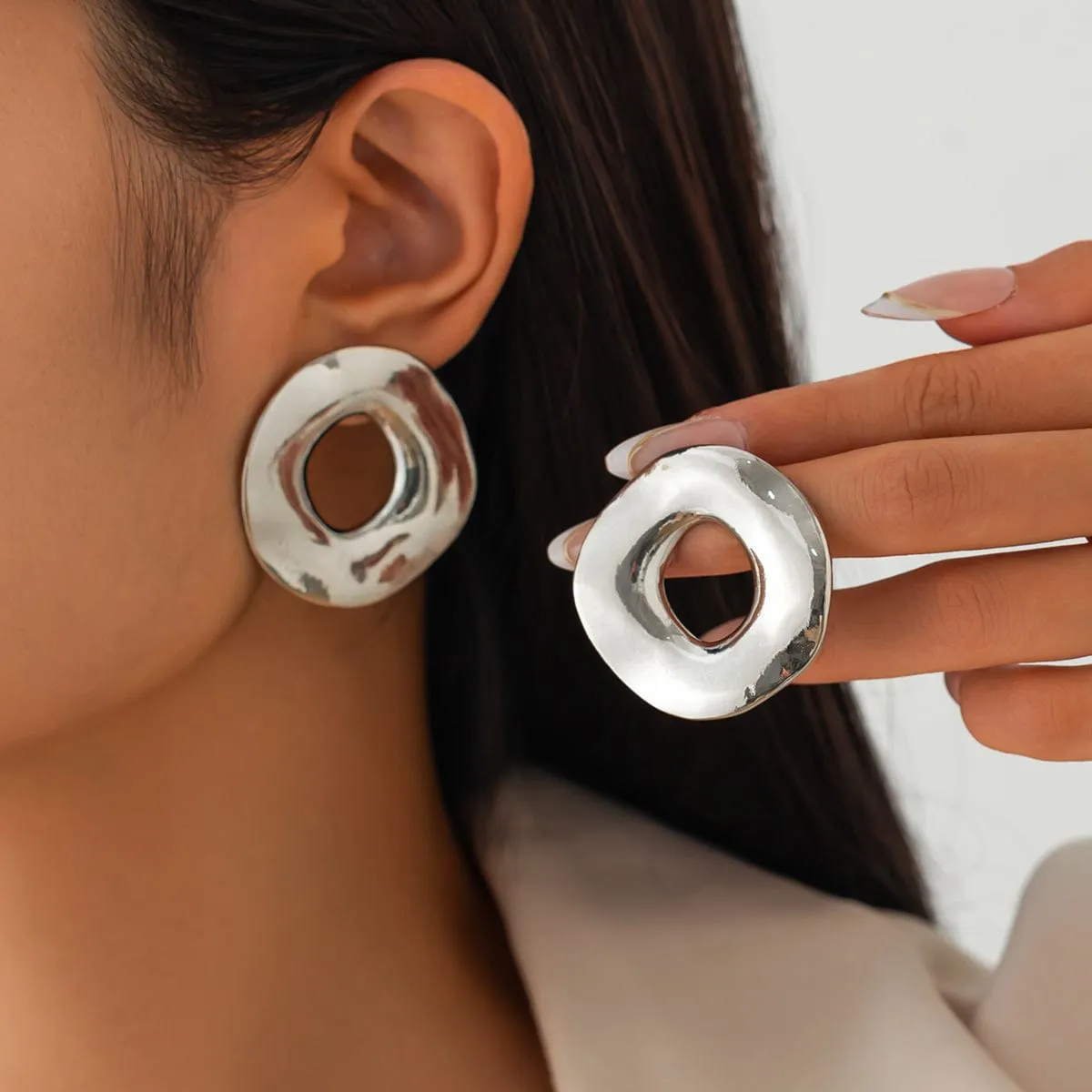 Irregular Gold Silver Tone Chunky Hoop Stud Earrings