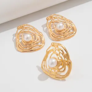 Irregular Hollow Gold Silver Plated Pearl Earrings Ring Set