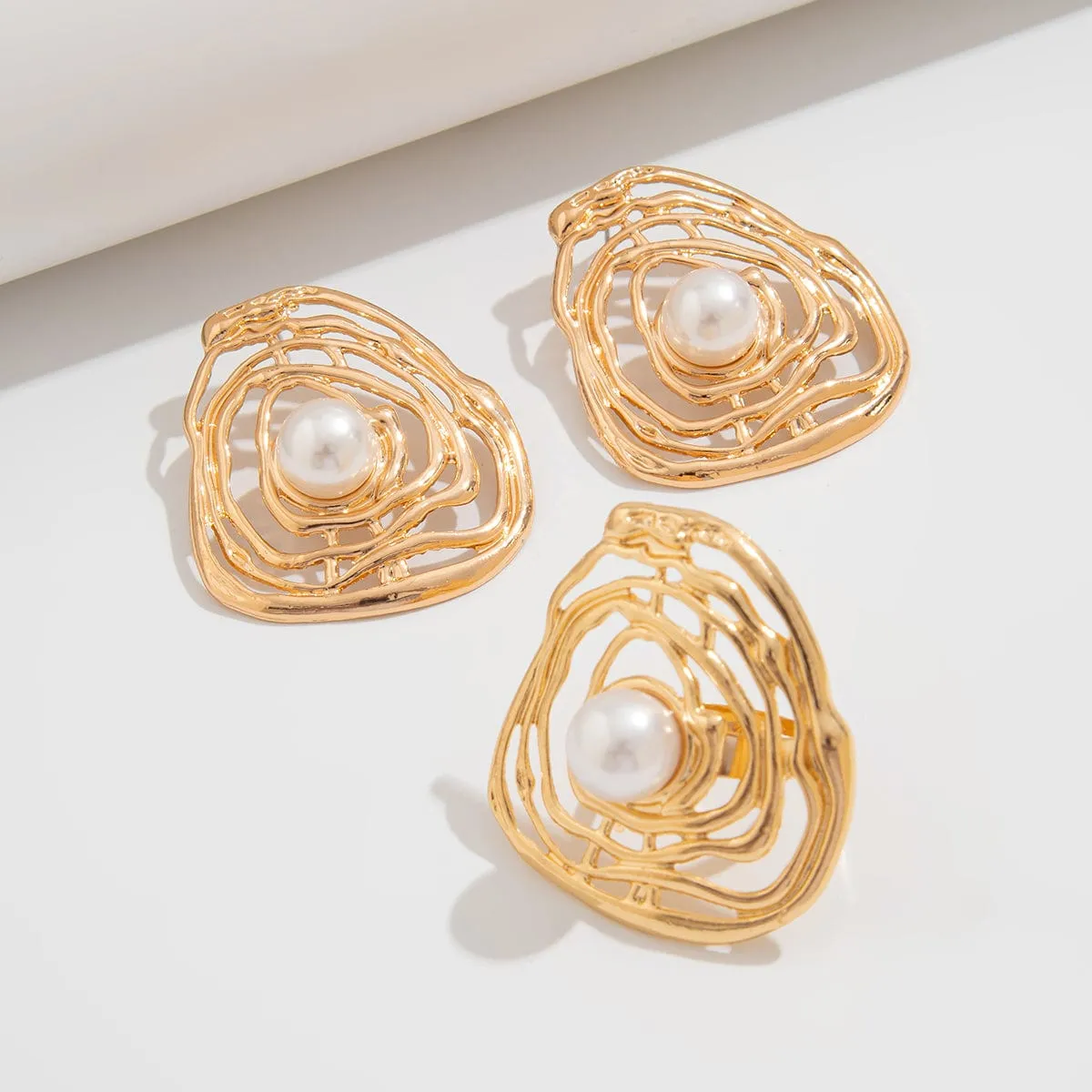 Irregular Hollow Gold Silver Plated Pearl Earrings Ring Set