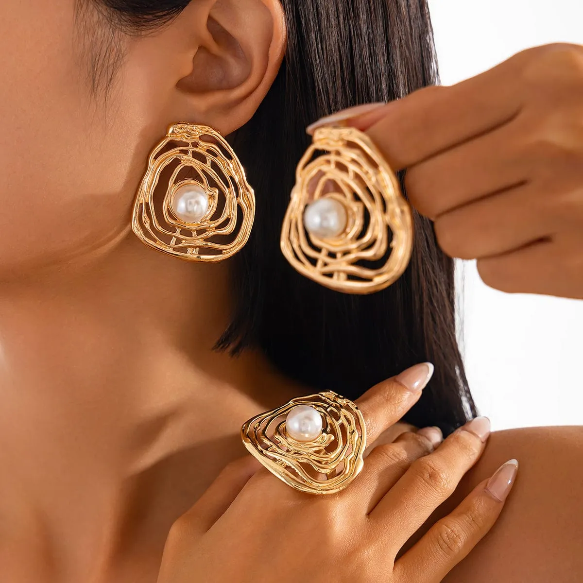 Irregular Hollow Gold Silver Plated Pearl Earrings Ring Set