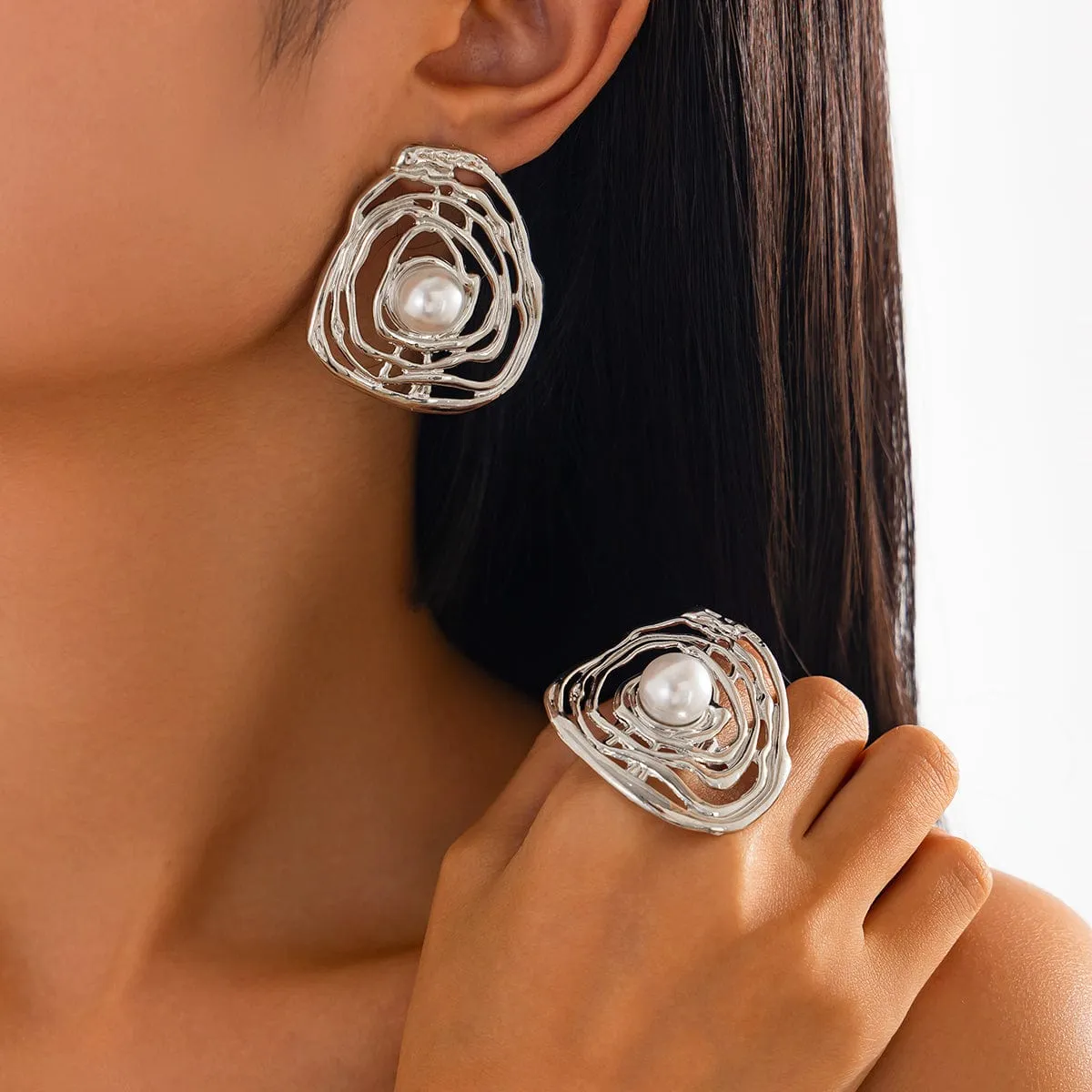 Irregular Hollow Gold Silver Plated Pearl Earrings Ring Set