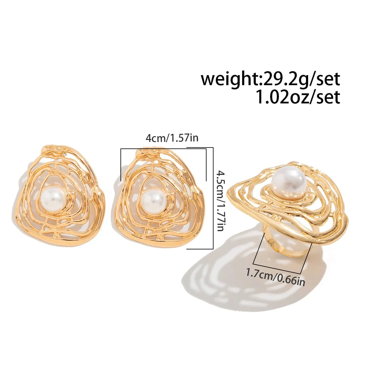 Irregular Hollow Gold Silver Plated Pearl Earrings Ring Set