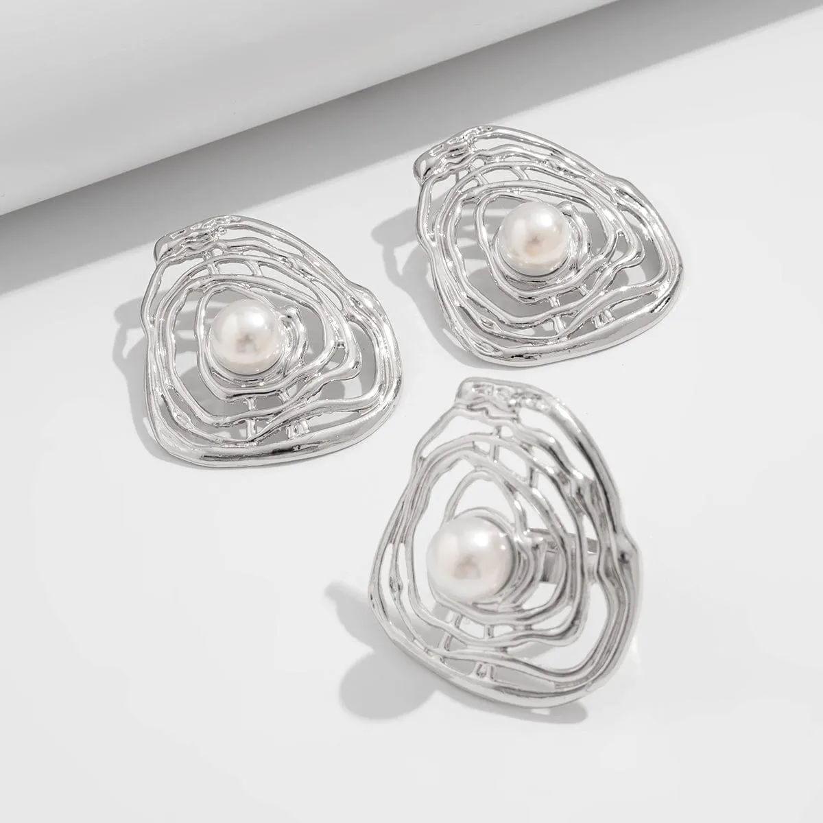 Irregular Hollow Gold Silver Plated Pearl Earrings Ring Set