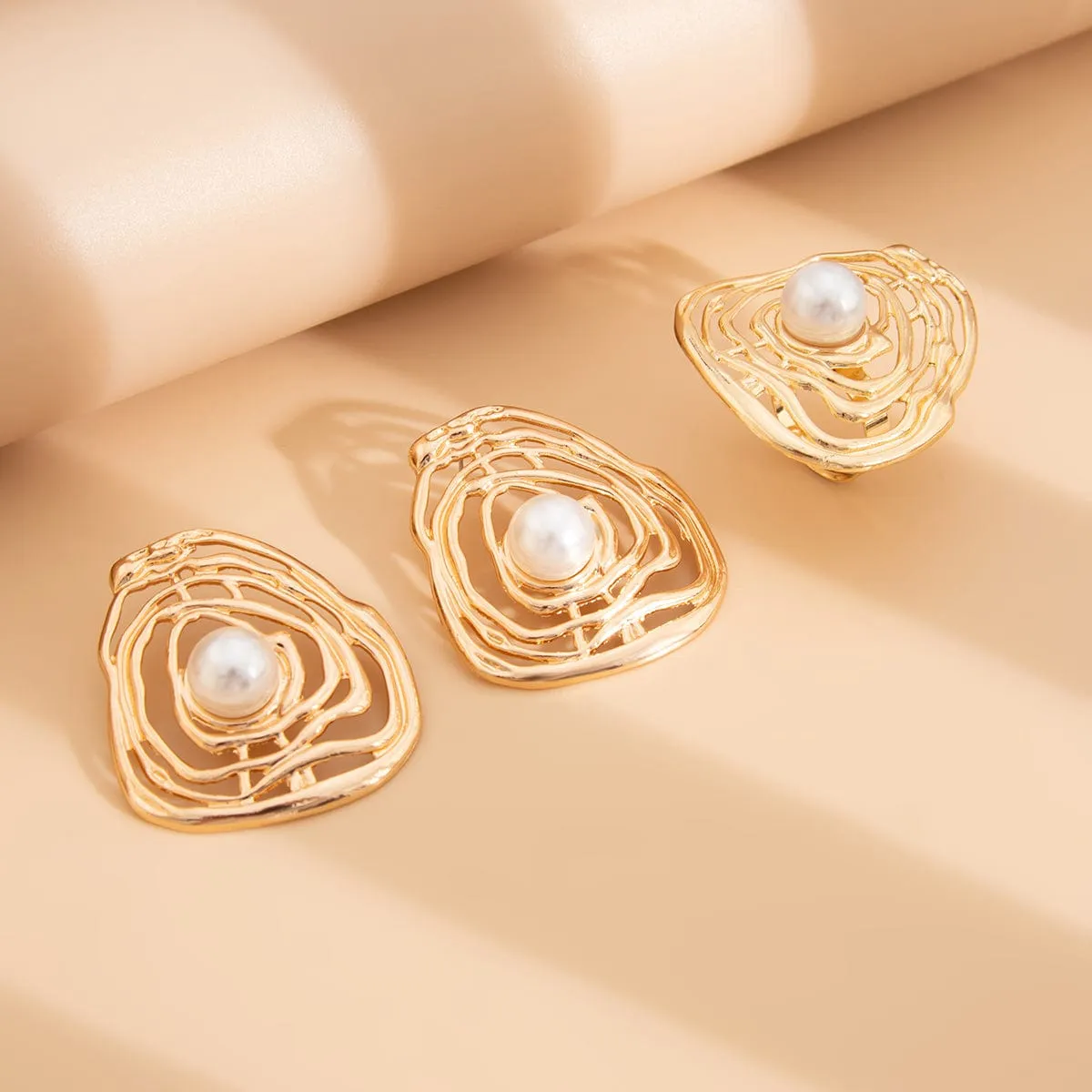 Irregular Hollow Gold Silver Plated Pearl Earrings Ring Set
