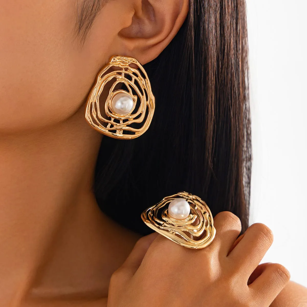 Irregular Hollow Gold Silver Plated Pearl Earrings Ring Set