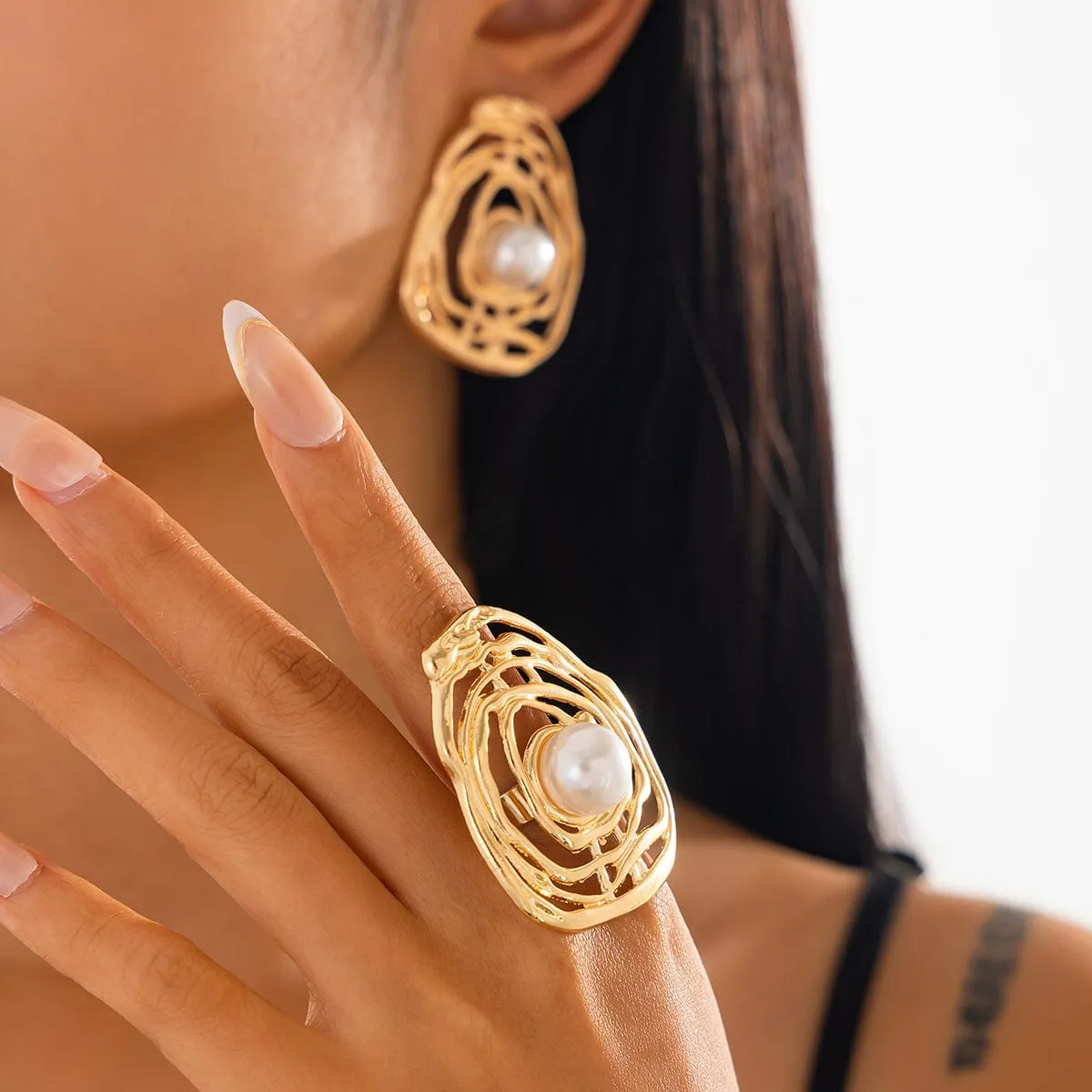 Irregular Hollow Gold Silver Plated Pearl Earrings Ring Set