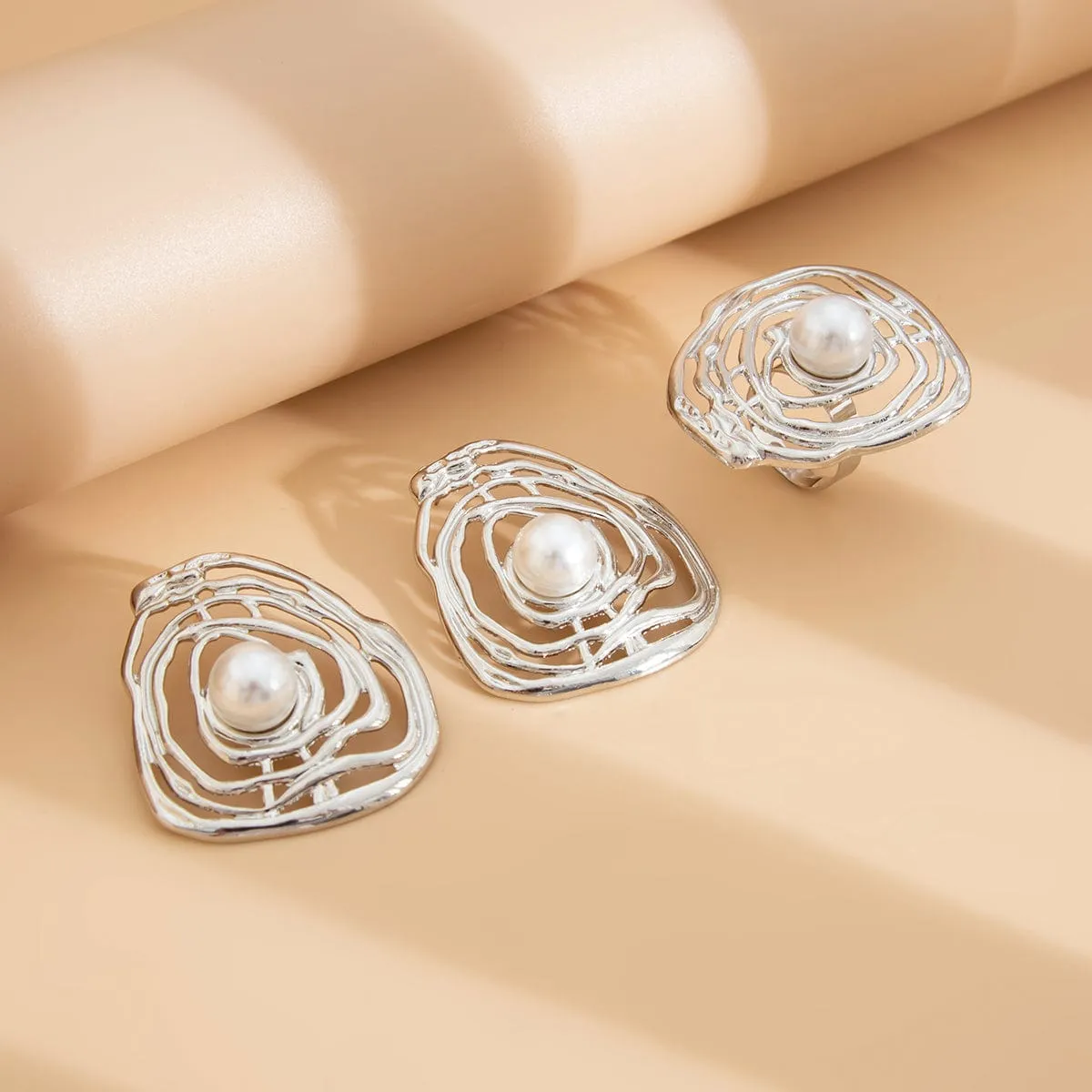 Irregular Hollow Gold Silver Plated Pearl Earrings Ring Set