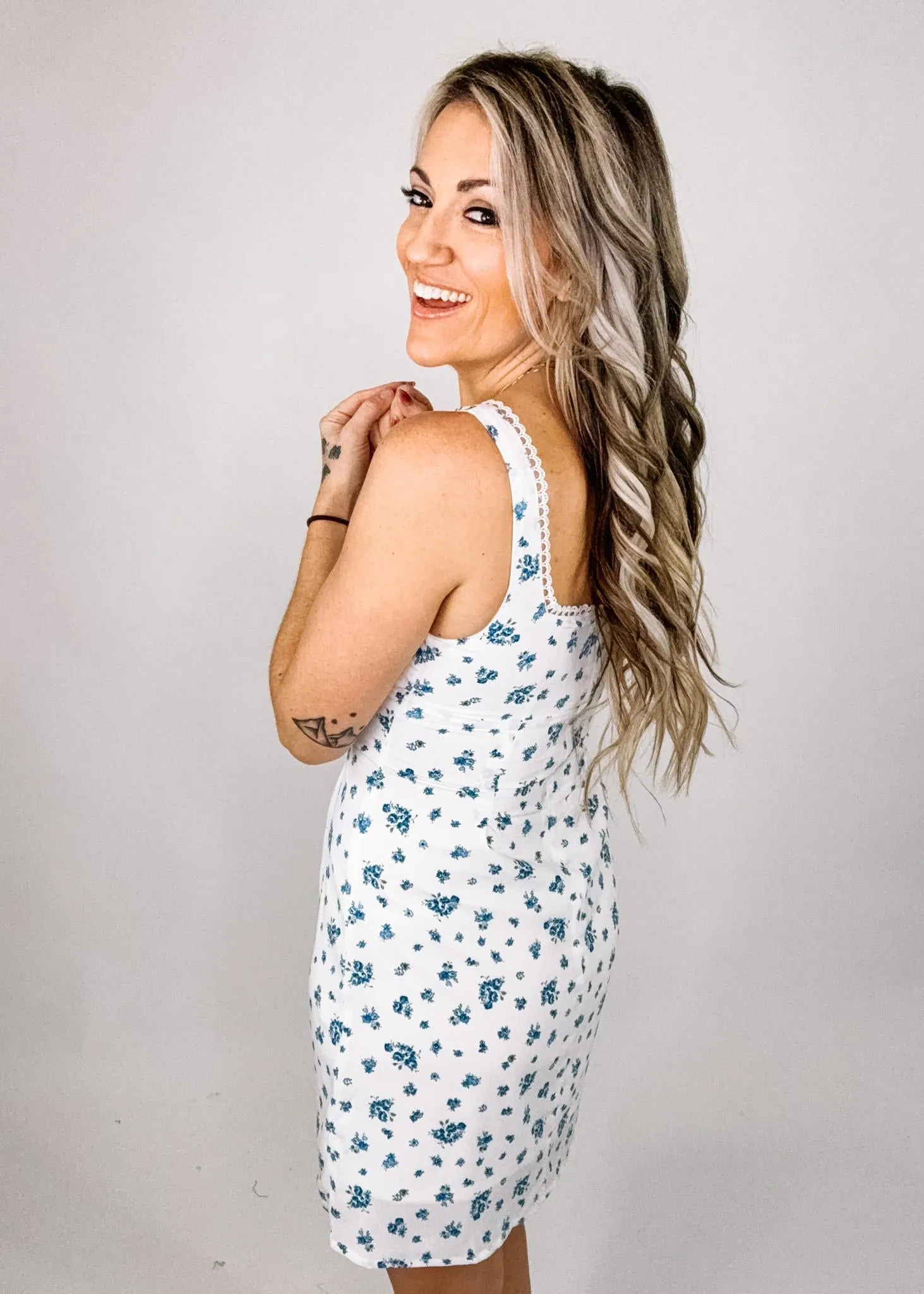 Ivory and Blue Floral Mini Dress