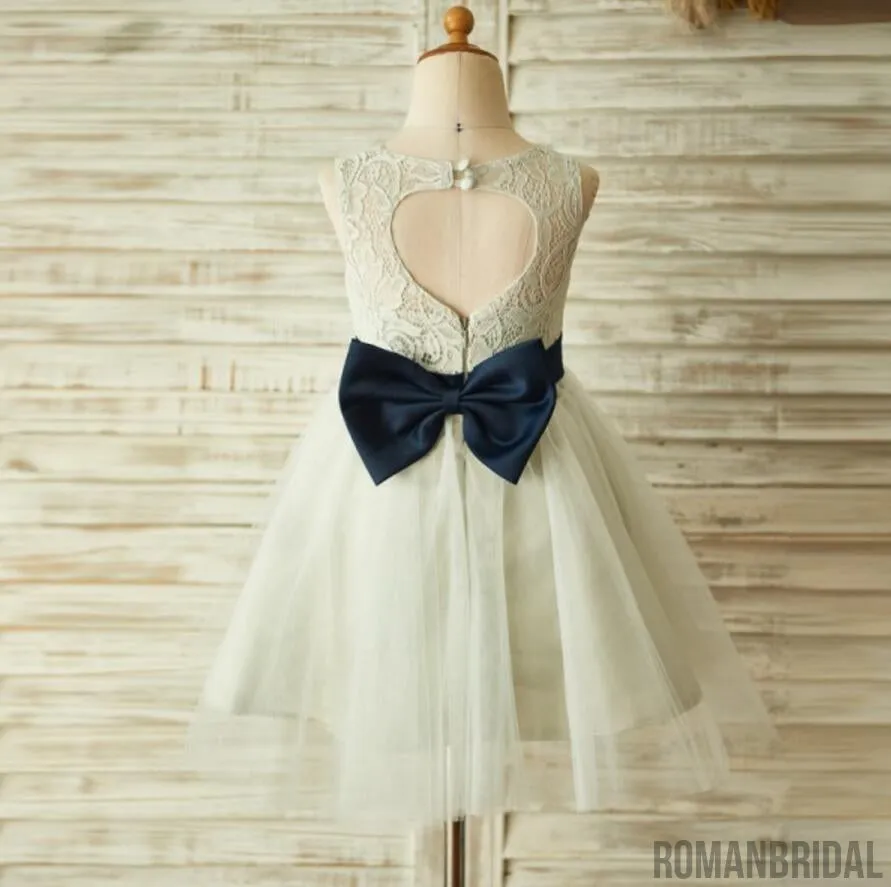 Ivory Beautiful Lace and Tulle Sleeveless Scoop Cheap Flower Girl Dresses with Bow, FG0087