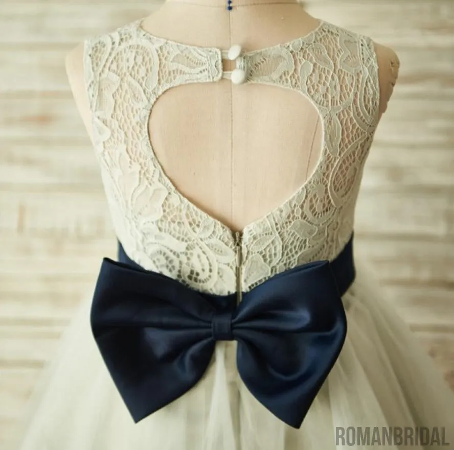 Ivory Beautiful Lace and Tulle Sleeveless Scoop Cheap Flower Girl Dresses with Bow, FG0087
