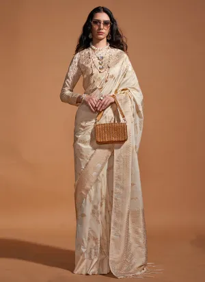 Ivory Golden Zari Brocade Woven Handloom Silk Saree