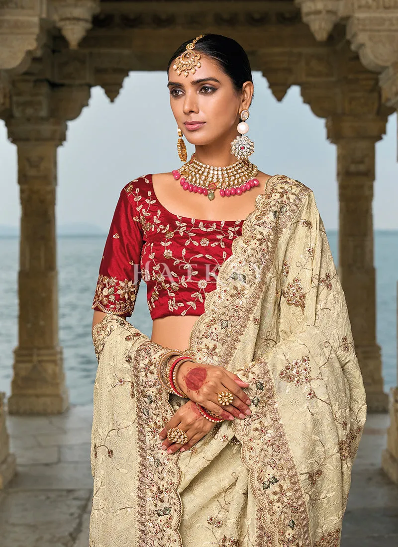 Ivory Red Handwork Embroidery Wedding Saree