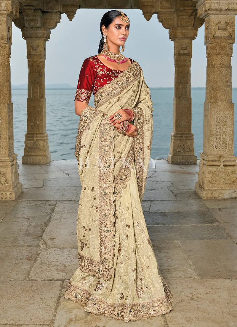 Ivory Red Handwork Embroidery Wedding Saree