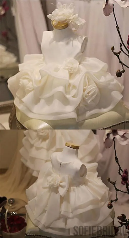 Ivory Satin Sleeveless Cute Flower Girl Dresses With Bow, Cute Little Girl Dresses, FG042