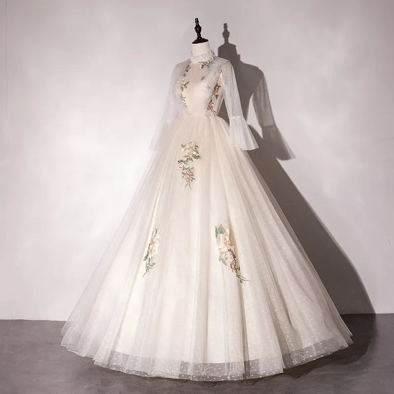 Ivory Tulle High Neckline Long Party Dress with Lace Applique, Ball Gown Sweet 16 Dresses