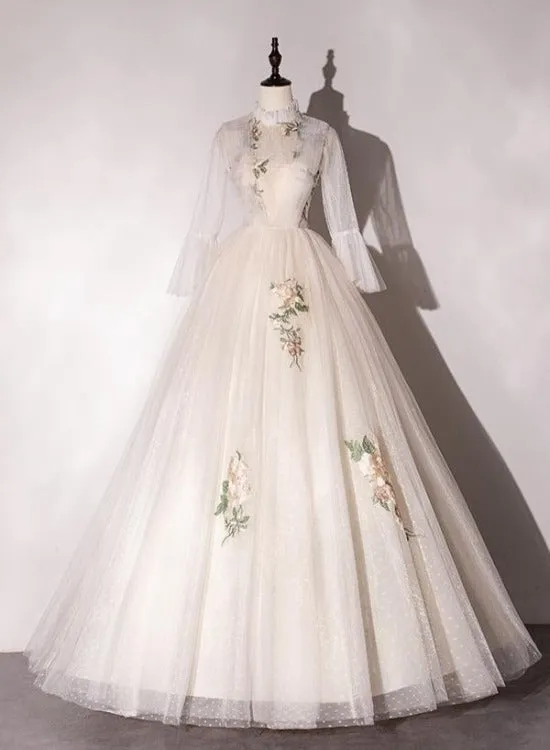 Ivory Tulle High Neckline Long Party Dress with Lace Applique, Ball Gown Sweet 16 Dresses