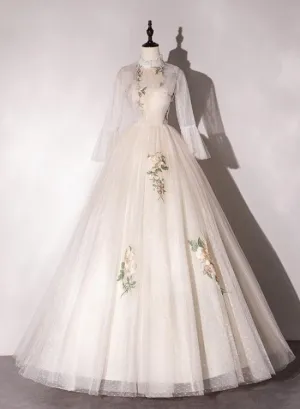Ivory Tulle High Neckline Long Party Dress with Lace Applique, Ball Gown Sweet 16 Dresses