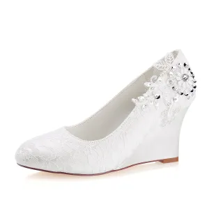 Ivory Wedge Lace Wedding Shoes with Beading, Charming Woman Shoes L-932