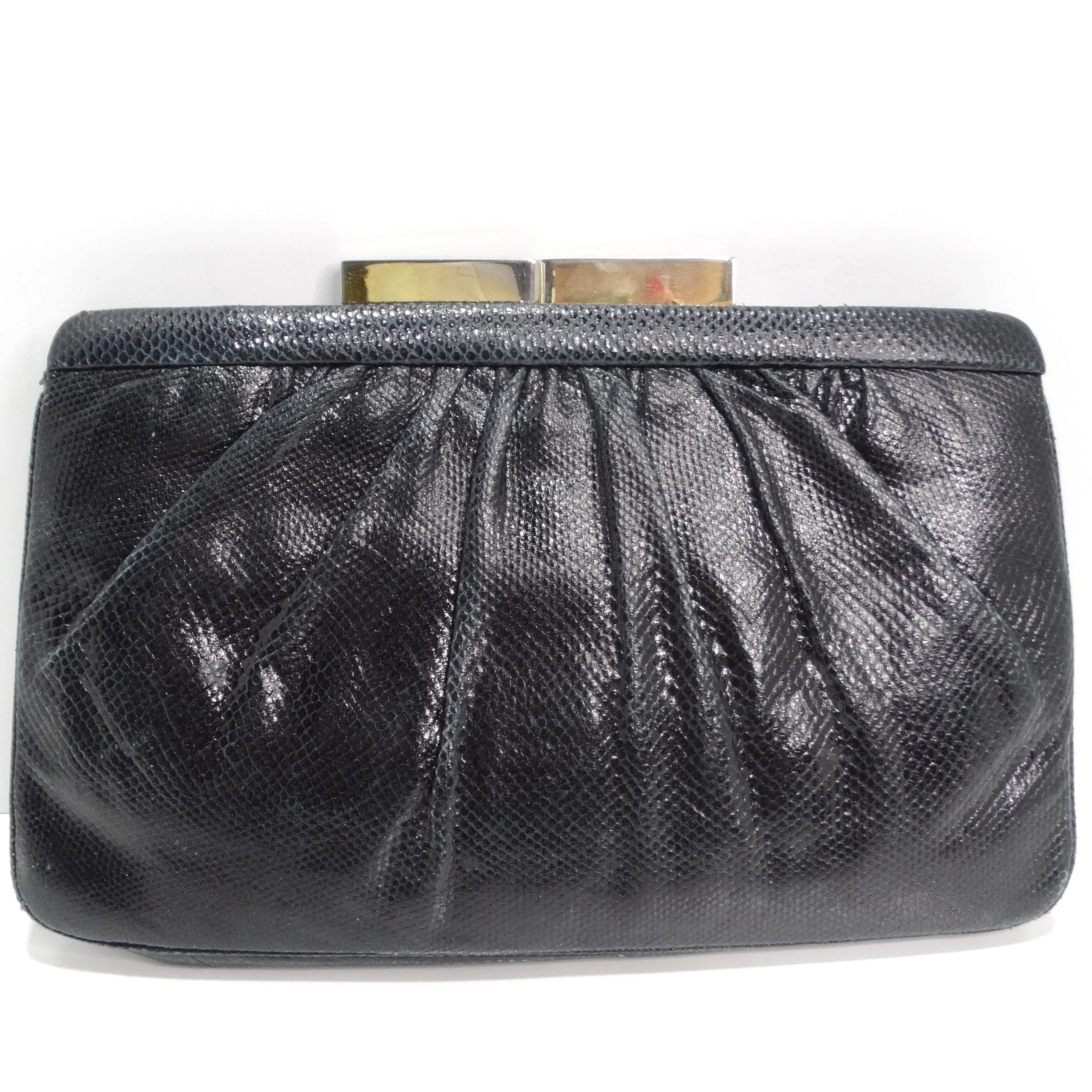 Judith Leiber 1980s Black Lizard Embossed Clutch