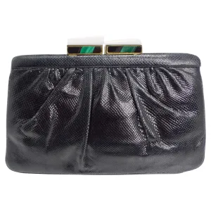 Judith Leiber 1980s Black Lizard Embossed Clutch